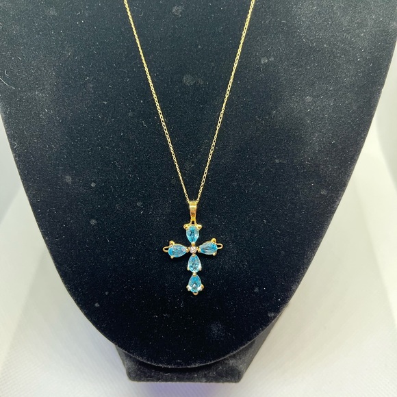 14kt yellow gold natural blue topaz and diamond 18” cross necklace - Picture 4 of 4